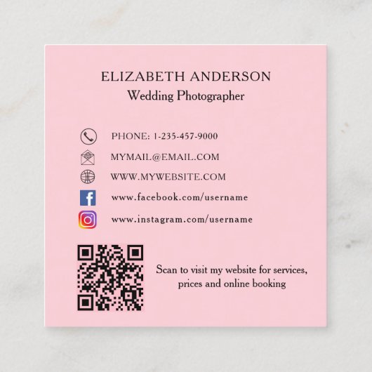 フォトコラージピンクQRコードのソーシャルメディア スクエア名刺 (裏面)