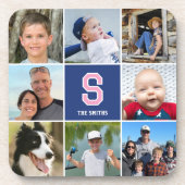 フォトコラージファミリーモノグラムのネイビーブルーピンク コースター (正面)