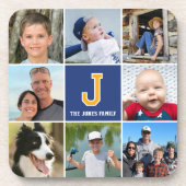 フォトコラージファミリーモノグラムのネイビーブルー金ゴールド コースター (正面)