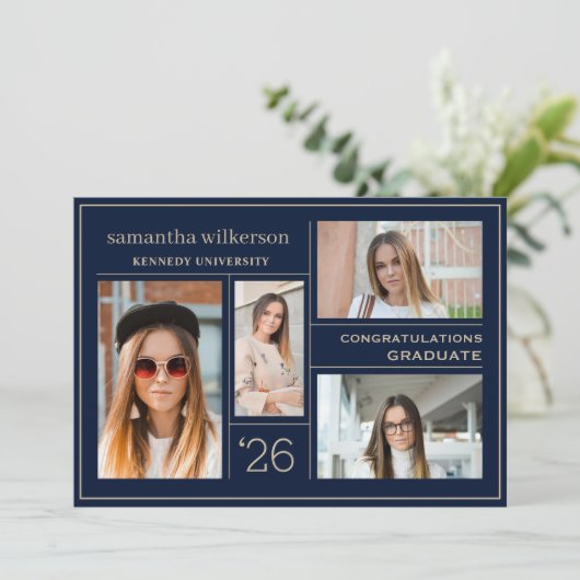 フォトコラージブルー&金ゴールドおめでとう卒業 案内状 (スタンド正面)