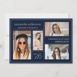 フォトコラージブルー&金ゴールドおめでとう卒業 案内状