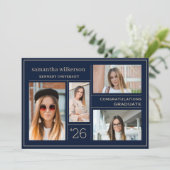 フォトコラージブルー&金ゴールドおめでとう卒業 案内状 (スタンド正面)