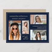 フォトコラージブルー&金ゴールドおめでとう卒業 案内状 (正面/裏面)