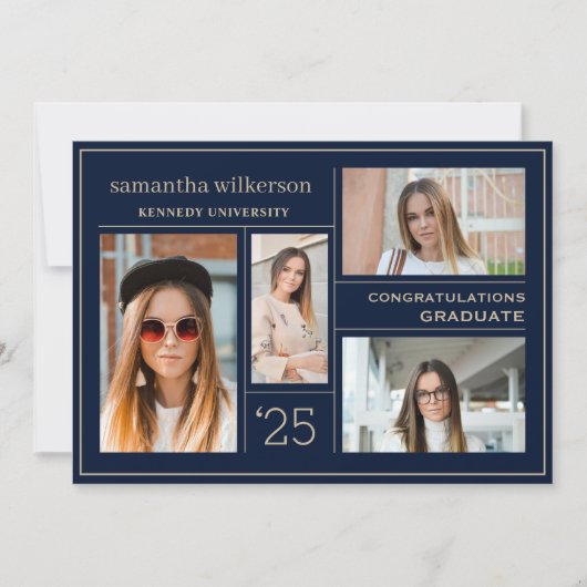 フォトコラージブルー&金ゴールドおめでとう卒業 案内状 (正面)