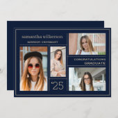 フォトコラージブルー&金ゴールドおめでとう卒業 案内状 (正面/裏面)