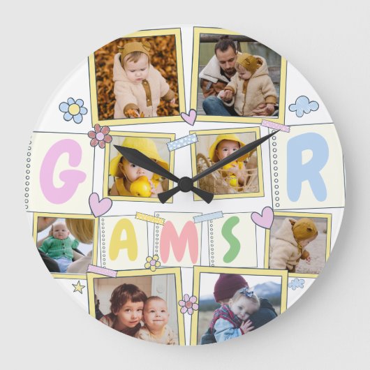 フォトコラージュかわいいベビーピンクブルーグラニー ラージ壁時計 (正面)