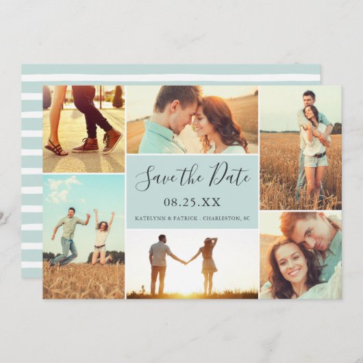 フォトコラージュで日付フラットカードを保存 |淡い水色 セーブザデート (正面/裏面)