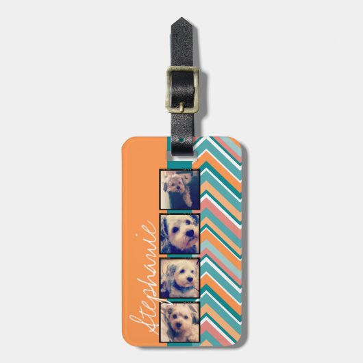 フォトコラージュとオレンジとティール（緑がかった色）山形 ラゲッジタグ (正面縦)