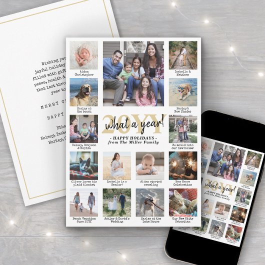 フォトコラージュとキャプションWhat a Year金ゴールド白 シーズンカード
