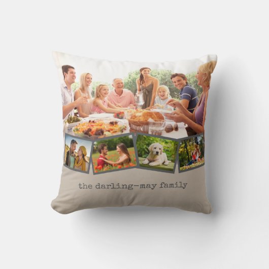 フォトコラージュとジグザグフォトストリップマッシュルームグレー クッション (正面)