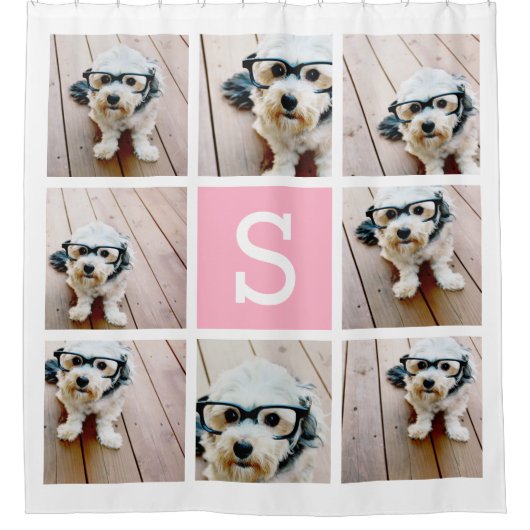 フォトコラージュとピンク独身のモノグラム シャワーカーテン (正面)