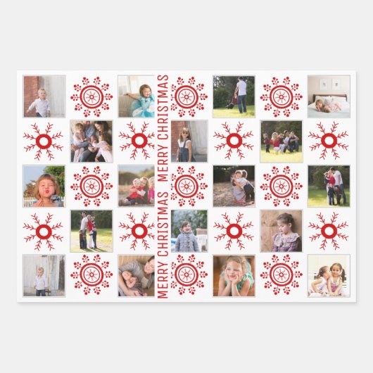 フォトコラージュと赤い雪片メリークリスマス ラッピングペーパーシート (正面2)