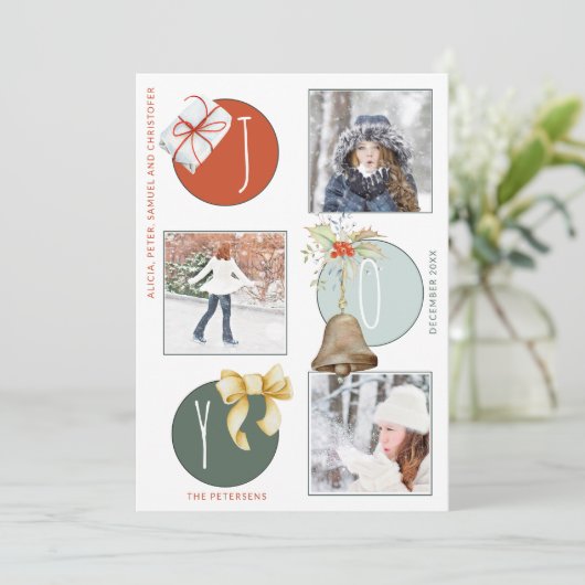 フォトコラージュのクリスマスおもしろいカラフルの喜び シーズンカード (スタンド正面)