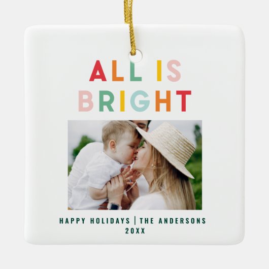 フォトコラージュのクリスマスレインボーカラフルブライトホー セラミックオーナメント (正面)