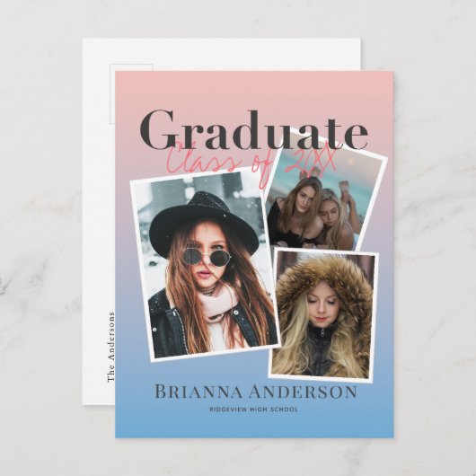 フォトコラージュのグラデーションの卒業発表 案内ポストカード (正面/裏面)