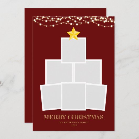 フォトコラージュのツリー赤い文字列ライトクリスマス シーズンカード (正面/裏面)