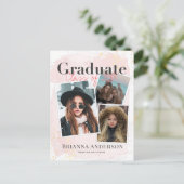 フォトコラージュのピンクの卒業発表 案内ポストカード (スタンド正面)