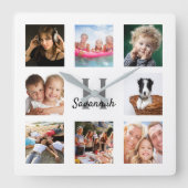 フォトコラージュのモノグラム白人家族 スクエア壁時計 (正面)