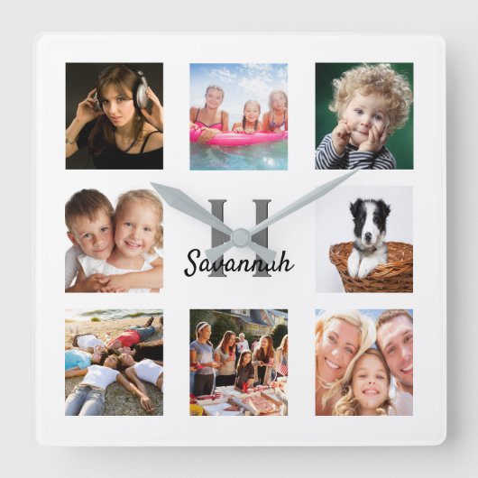 フォトコラージュのモノグラム白人家族 スクエア壁時計 (正面)