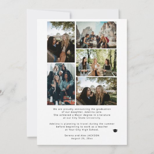 フォトコラージュの卒業生の台本のモダン卒業 案内状 (裏面)