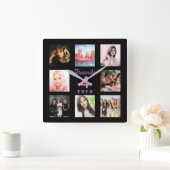 フォトコラージュの友人は永遠にフォトブラックbffピンク スクエア壁時計 (ホーム)