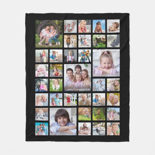 フォトコラージュの家族の名前またはタイトルブラック フリースブランケット (正面)
