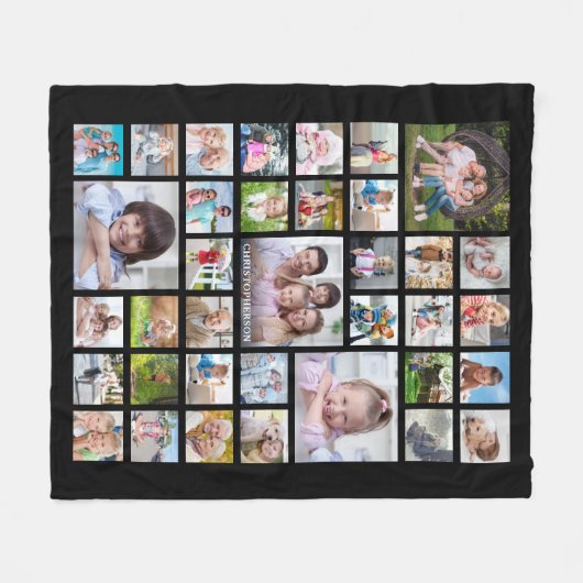 フォトコラージュの家族の名前またはタイトルブラック フリースブランケット (正面(横))