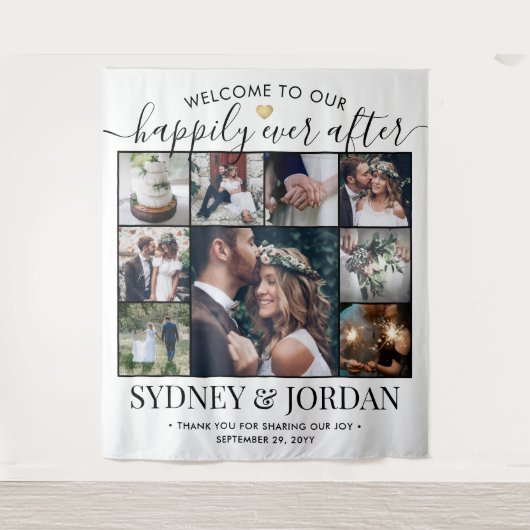 フォトコラージュの歓迎を受けて幸結婚福に タペストリー (正面)