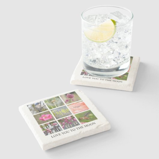 フォトコラージュの花と鳥の個人用設定 ストーンコースター (横)