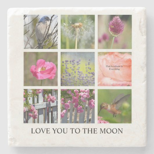フォトコラージュの花と鳥の個人用設定 ストーンコースター (正面)