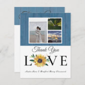 フォトコラージュひまわりダスティブルーウッド結婚ズ3 サンキューカード (正面/裏面)