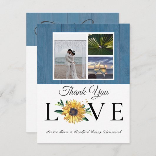 フォトコラージュひまわりダスティブルーウッド結婚ズ3 サンキューカード (正面/裏面)