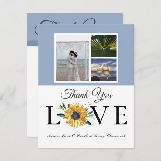 フォトコラージュひまわりダスティブルー結婚ズ3 サンキューカード (正面/裏面)
