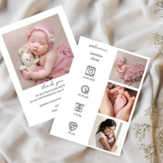 フォトコラージュを使用したミニマルな誕生のお知らせ 招待状