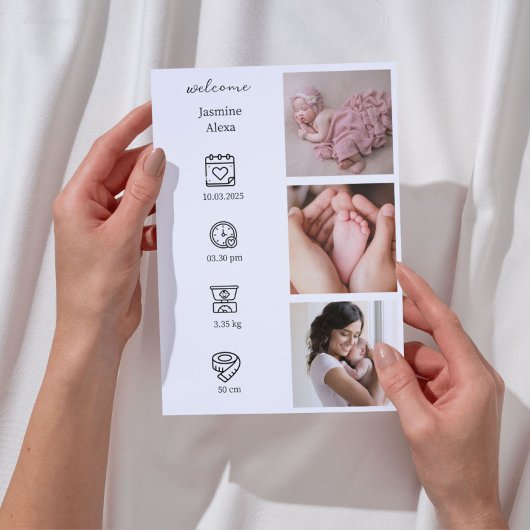 フォトコラージュを使用したミニマルな誕生のお知らせ 招待状