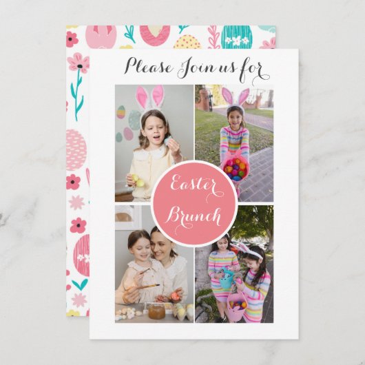 フォトコラージュイースターエッグバニーピンクのイースターブランチ 招待状 (正面/裏面)