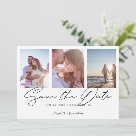 フォトコラージュエレガントウェディングモダン日付の保存 招待状 (スタンド正面)