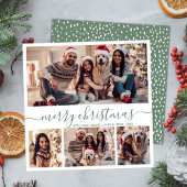 フォトコラージュエレガントグリーンスクリプト雪のクリスマス シーズンカード