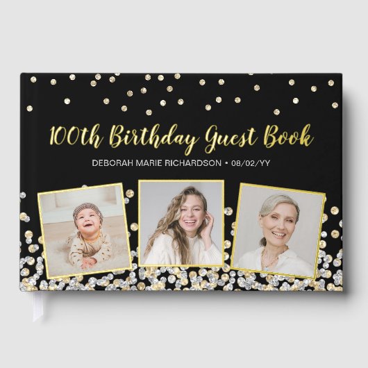 フォトコラージュエレガントシルバー金ゴールド100誕生日 ゲストブック (正面)