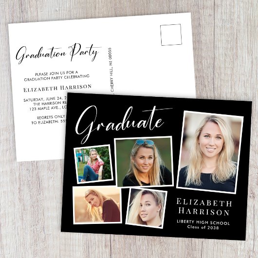 フォトコラージュエレガントブラック卒業パーティー インビテーションポストカード