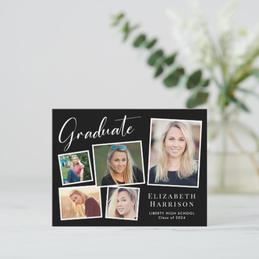 フォトコラージュエレガントブラック卒業パーティー インビテーションポストカード (スタンド正面)