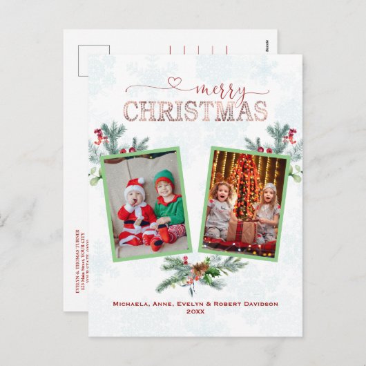 フォトコラージュエレガントメリークリスマスタイポグラフィ シーズンポストカード (正面/裏面)