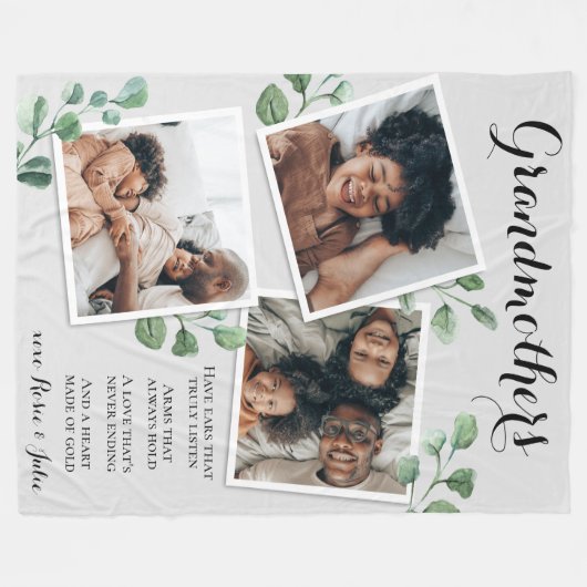 フォトコラージュエレガント引用文おばあちゃん孫 フリースブランケット (正面(横))