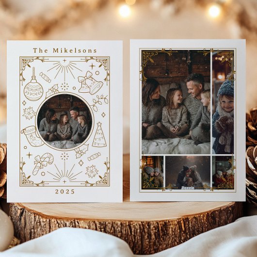 フォトコラージュエレガント金ゴールドラインアートクリスマス シーズンカード