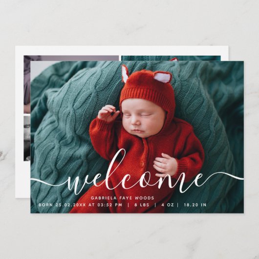 フォトコラージュカスタムウェルカムスクリプトオーバーレイベビー 案内状 (正面/裏面)