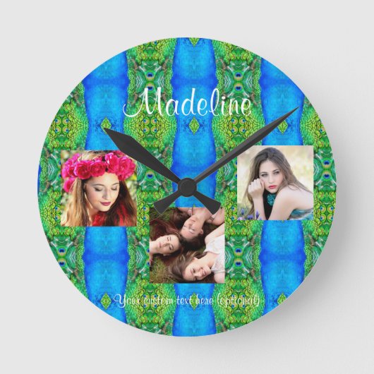 フォトコラージュカスタム文字テンプレート孔雀テーマ ラウンド壁時計 (正面)