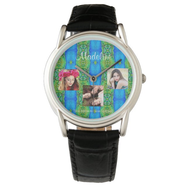 フォトコラージュカスタム文字テンプレート孔雀テーマ 腕時計 (正面)