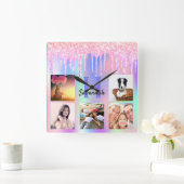 フォトコラージュグリッターピンクレインボーホログラフィック スクエア壁時計 (ホーム)