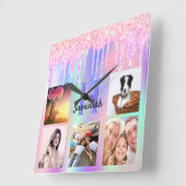 フォトコラージュグリッターピンクレインボーホログラフィック スクエア壁時計 (傾斜)