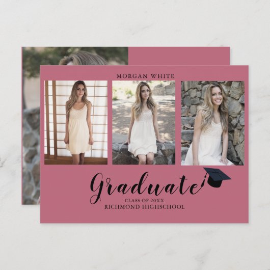 フォトコラージュシンプルピモダンンク卒業 案内ポストカード (正面/裏面)